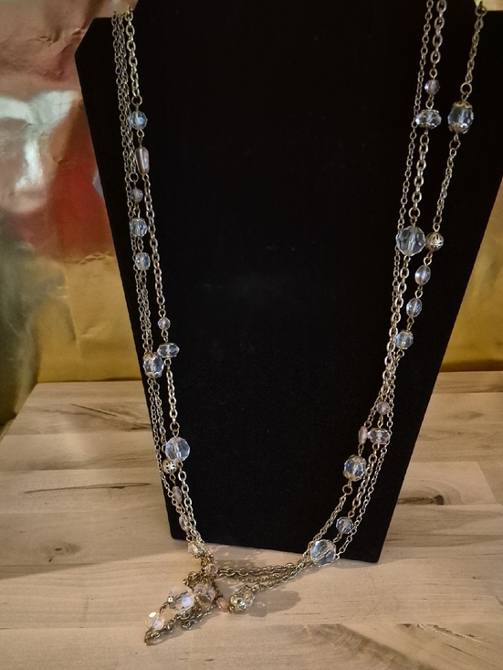 Jewelry - Elegant Multi-Strand Gold Necklace with Clear and Pale Pink Beads